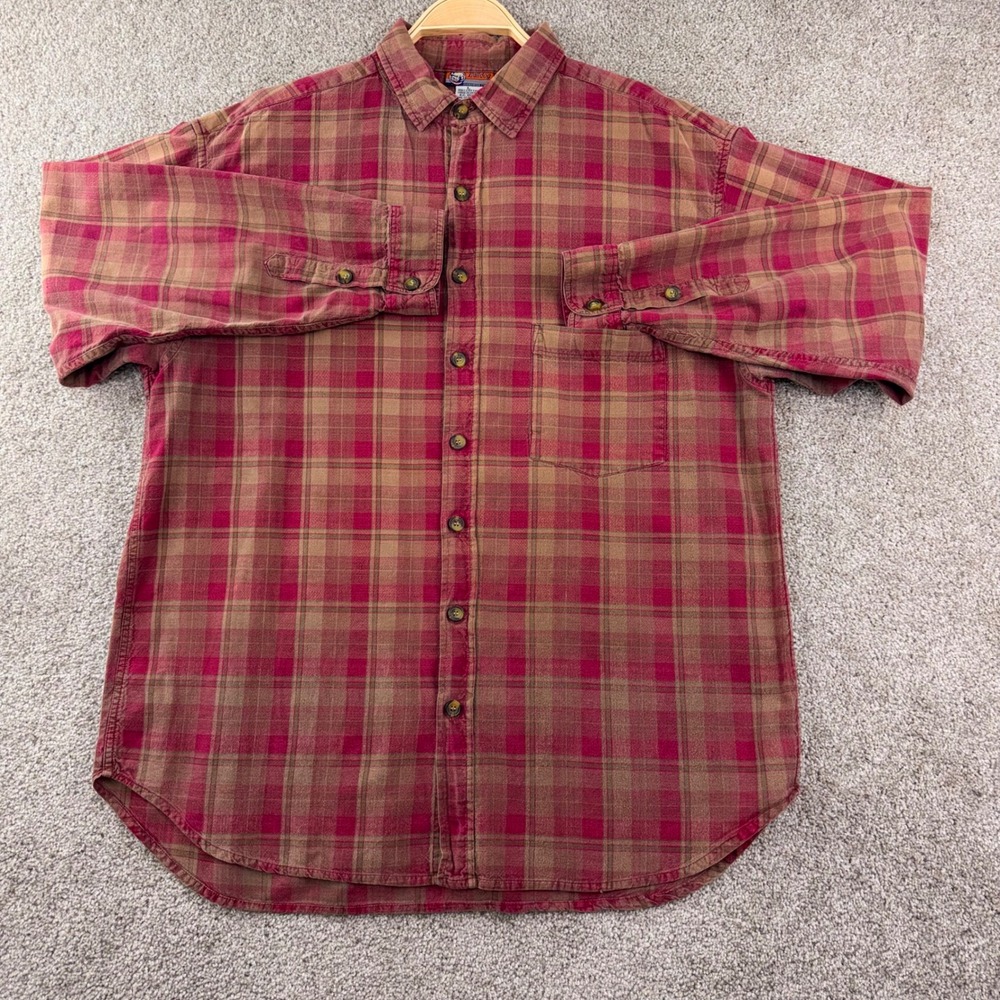Men's Large Plaid Flannel Style Shirt Red Brown Cotton Outdoor Workwear Grunge